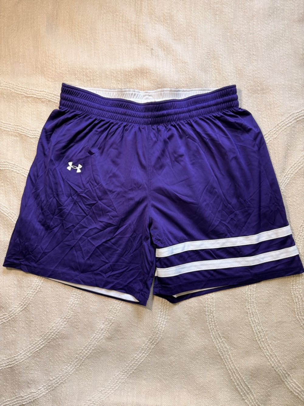 Under Armour Reversible Purple & White Gym Shorts with Stripes UW Size Large